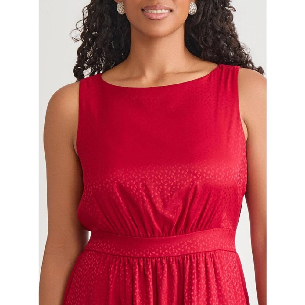 Kasper Women Crimson Red Satin Tiered Sleeveless Boat Neck Midi Dress Size L - Picture 2 of 5